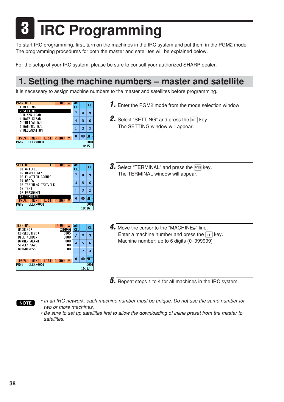 Irc programming, Setting the machine numbers – master and satellite | Sharp UP-820F User Manual | Page 40 / 68