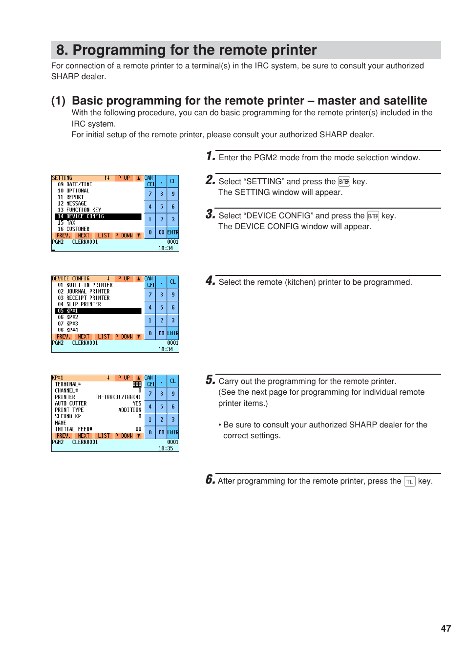 Programming for the remote printer | Sharp UP-820F User Manual | Page 49 / 68