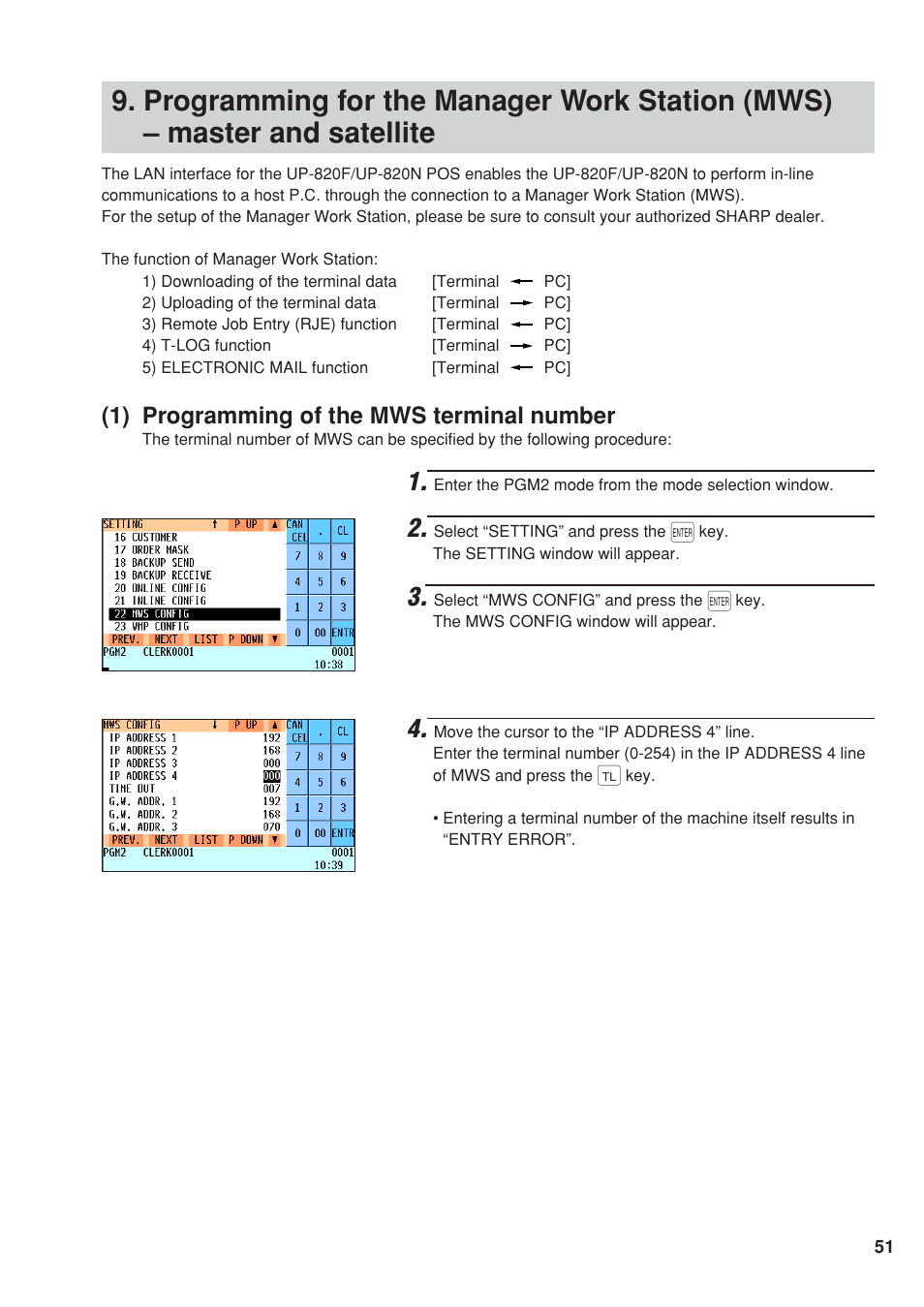 1) programming of the mws terminal number | Sharp UP-820F User Manual | Page 53 / 68