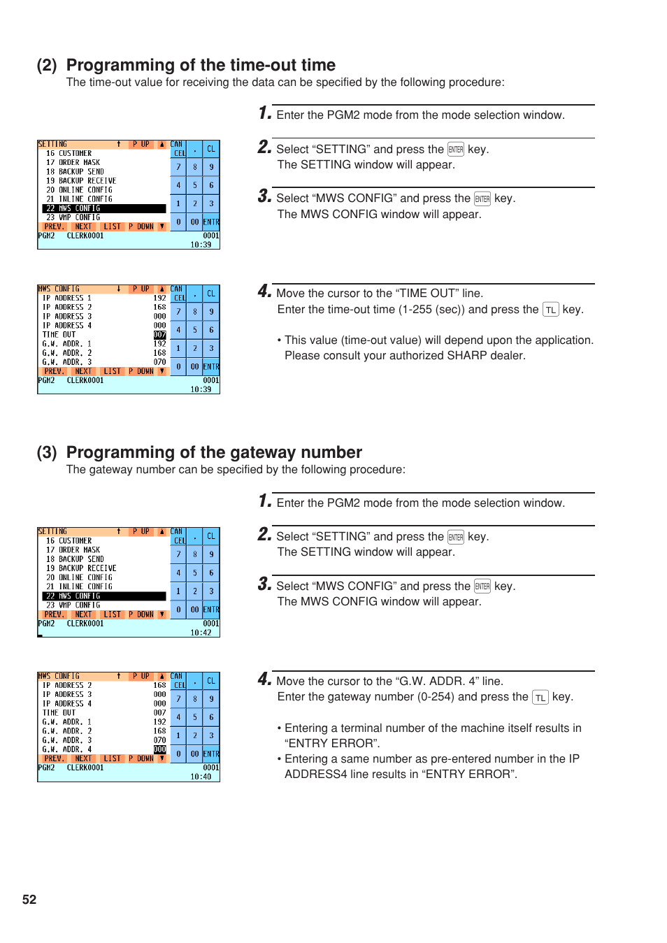 2) programming of the time-out time, 3) programming of the gateway number | Sharp UP-820F User Manual | Page 54 / 68