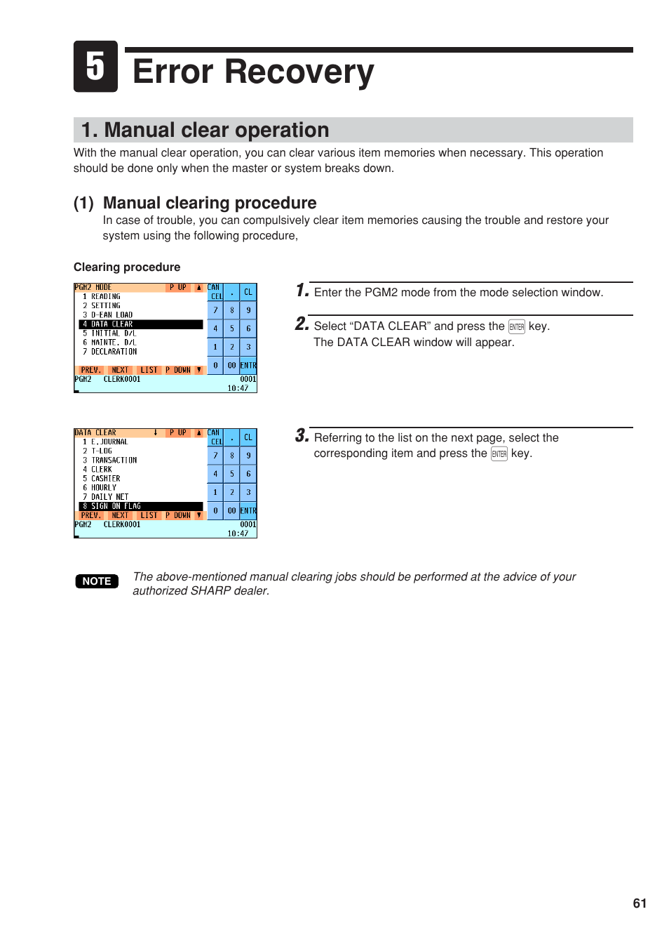 Error recovery, Manual clear operation | Sharp UP-820F User Manual | Page 63 / 68