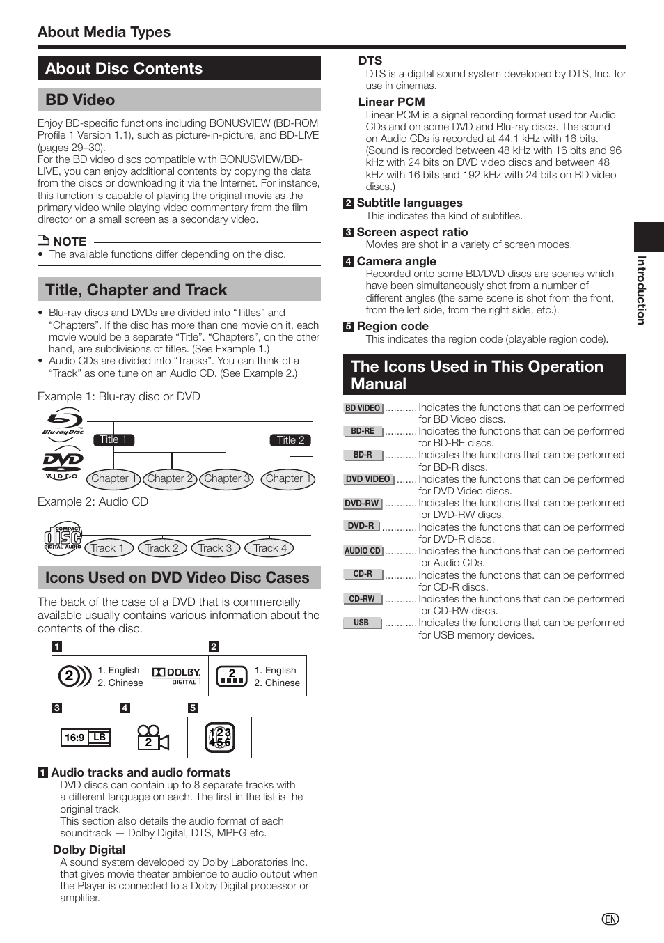 Icons used on dvd video disc cases, The icons used in this operation manual, About disc contents bd video | Title, chapter and track, About media types | Sharp AQUOS BD-HP70U User Manual | Page 11 / 84