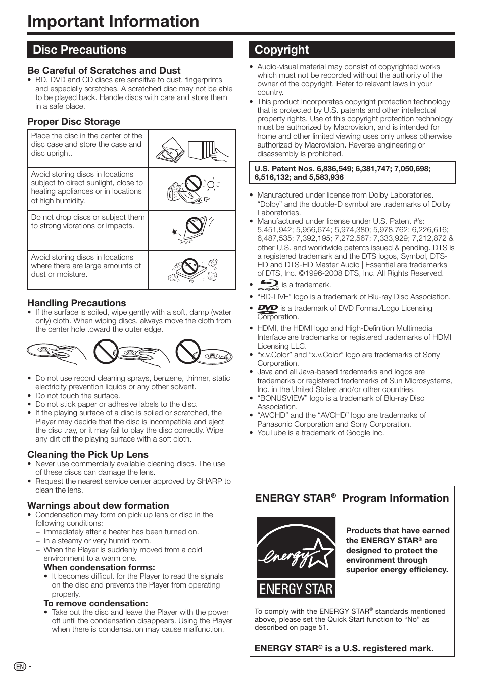 Important information, Disc precautions, Copyright | Energy star, Program information | Sharp AQUOS BD-HP70U User Manual | Page 12 / 84