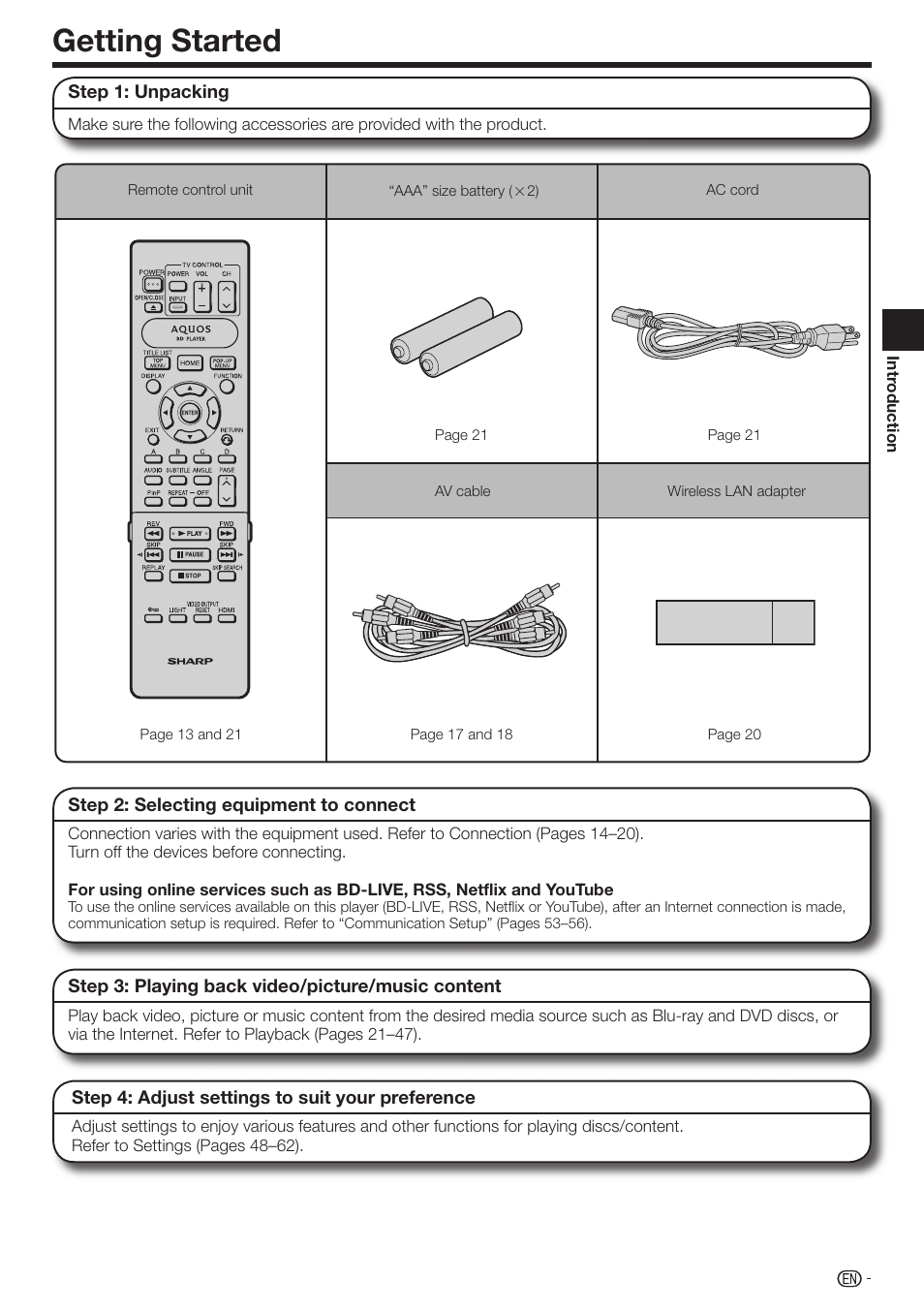 Getting started | Sharp AQUOS BD-HP70U User Manual | Page 13 / 84