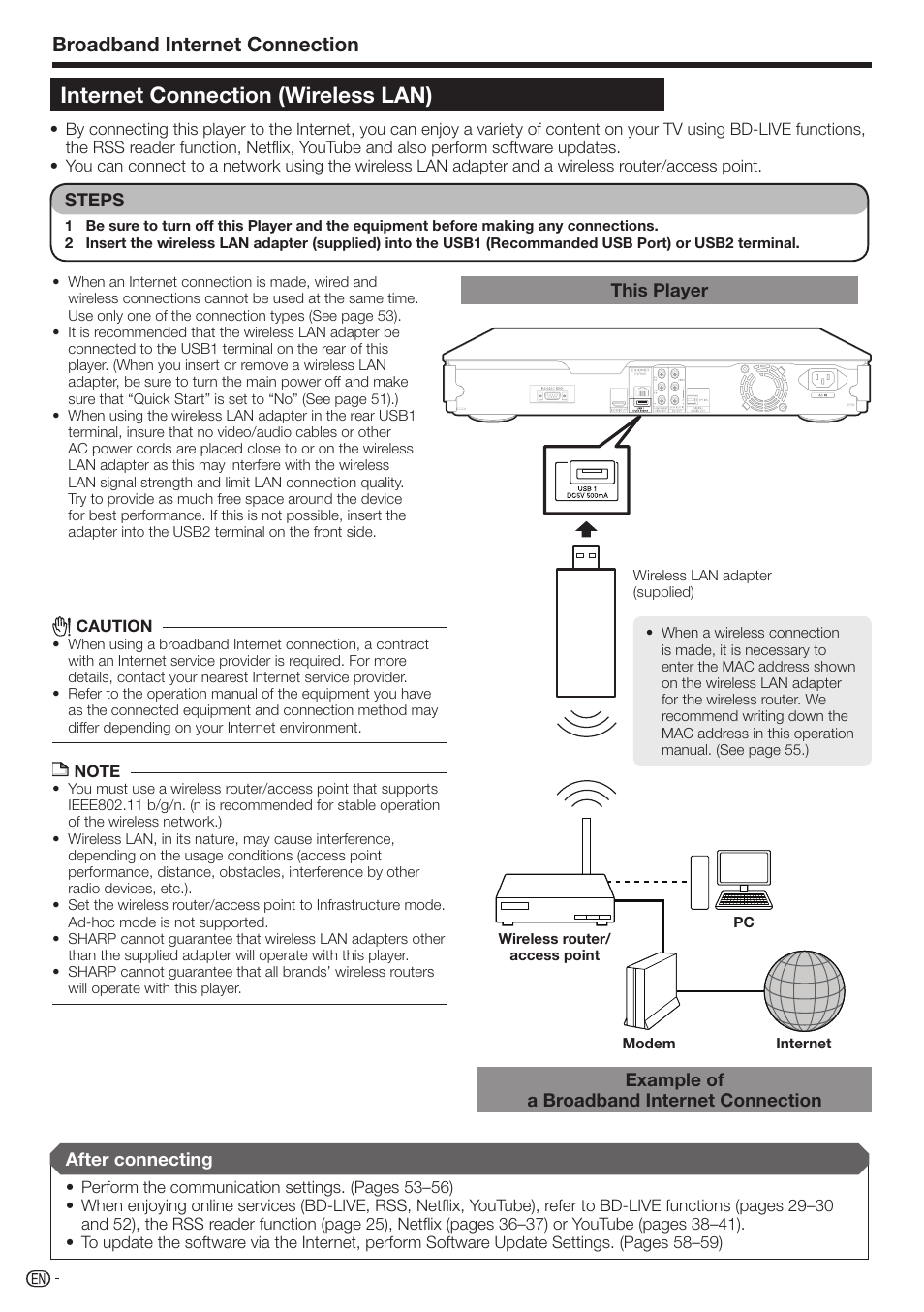 Internet connection (wireless lan), Broadband internet connection | Sharp AQUOS BD-HP70U User Manual | Page 22 / 84