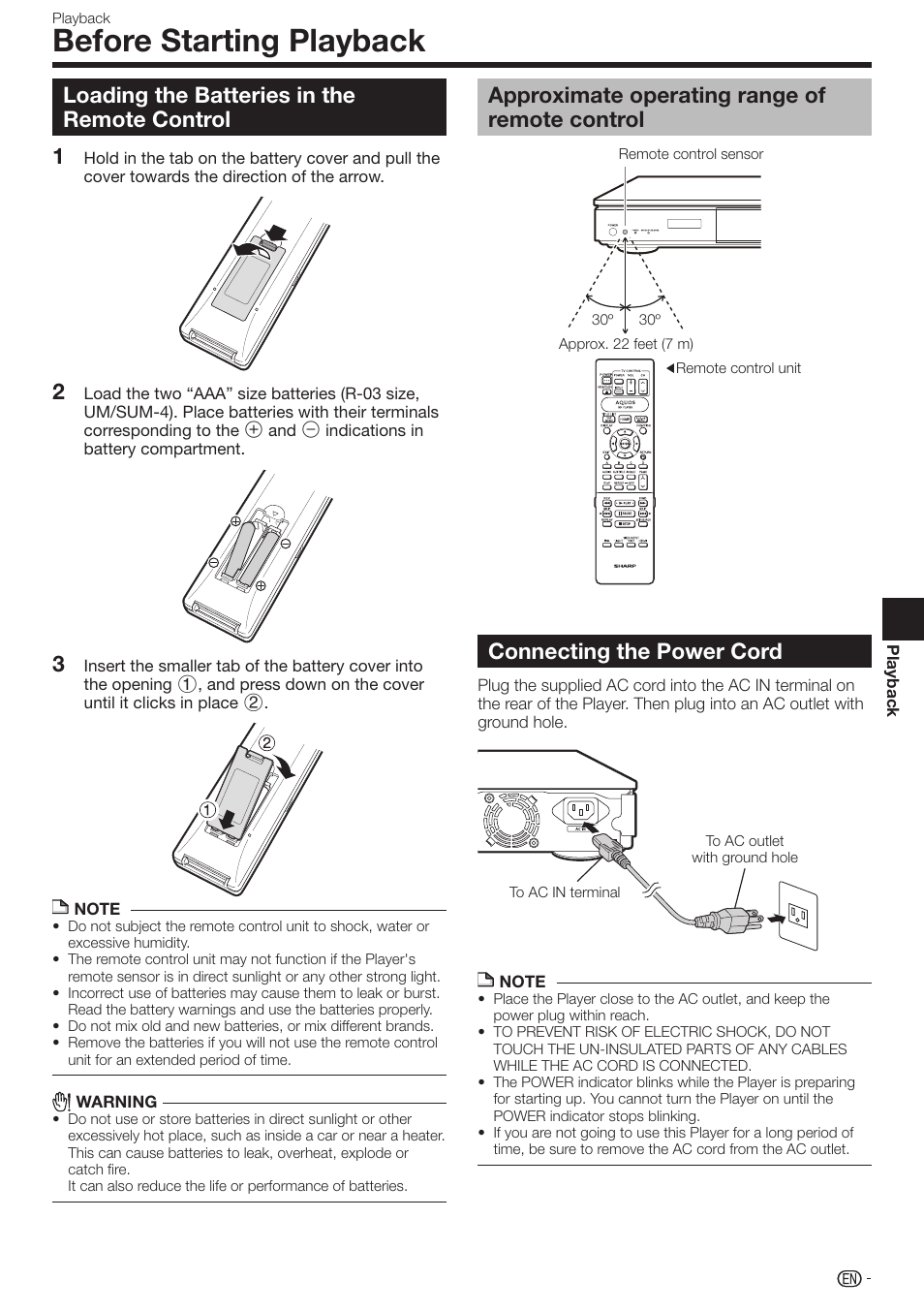 Before starting playback, Loading the batteries in the remote control, 12 3 connecting the power cord | Approximate operating range of remote control | Sharp AQUOS BD-HP70U User Manual | Page 23 / 84