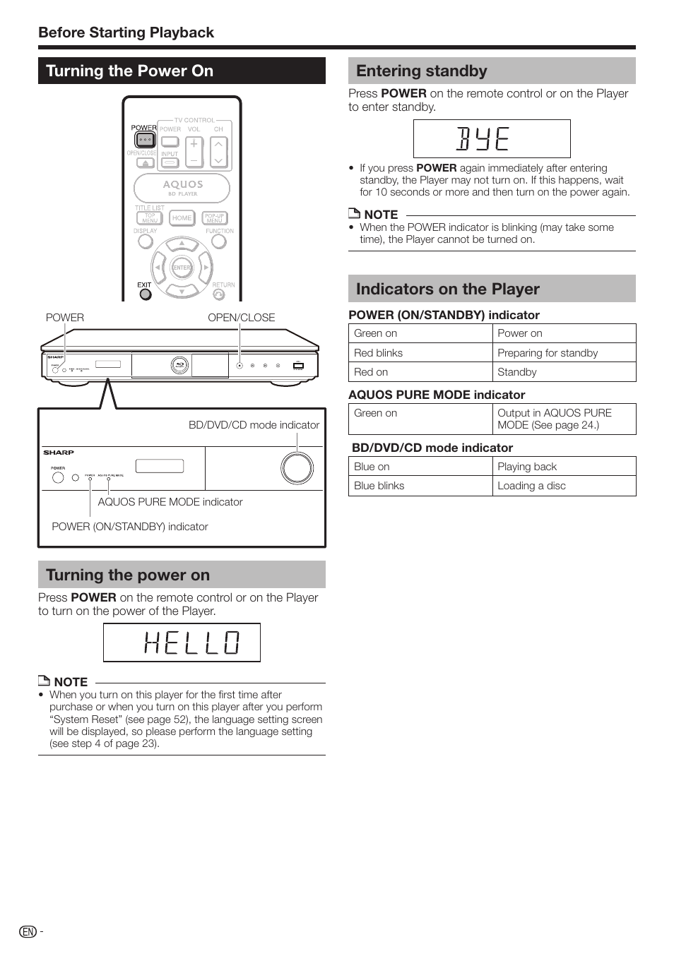 Turning the power on turning the power on, Entering standby, Indicators on the player | Before starting playback | Sharp AQUOS BD-HP70U User Manual | Page 24 / 84