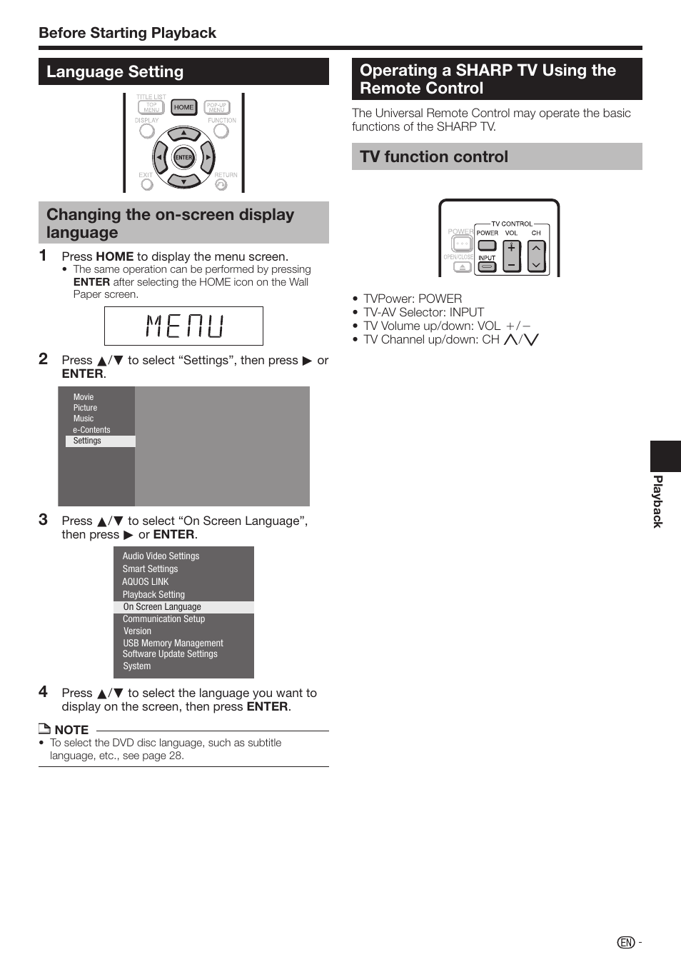 Operating a sharp tv using the remote control, Tv function control, Before starting playback | Sharp AQUOS BD-HP70U User Manual | Page 25 / 84