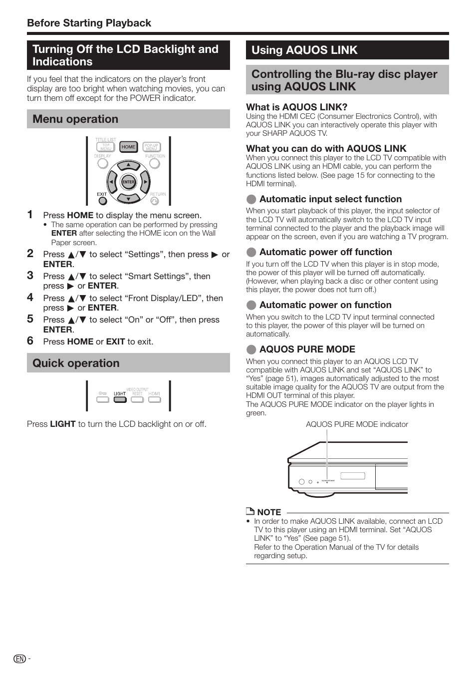 Turning off the lcd backlight and indications, Menu operation, Quick operation | Sharp AQUOS BD-HP70U User Manual | Page 26 / 84