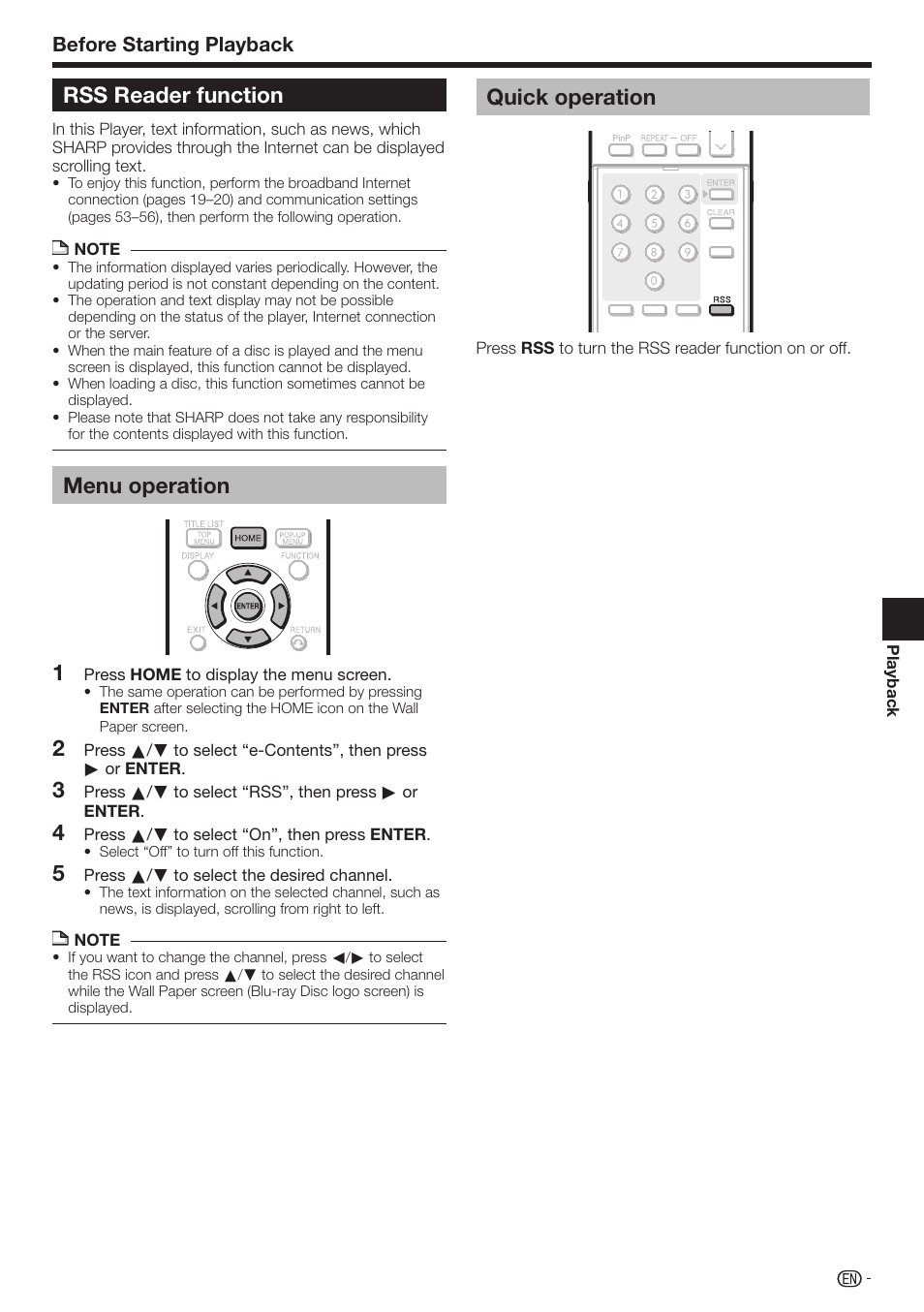 Rss reader function, Menu operation, Quick operation | Before starting playback | Sharp AQUOS BD-HP70U User Manual | Page 27 / 84