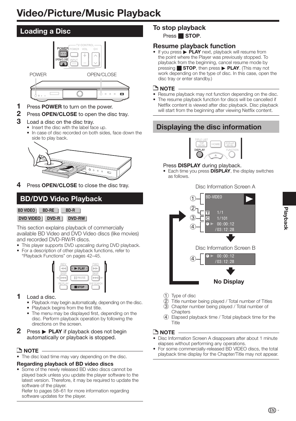 Video/picture/music playback, Loading a disc, Bd/dvd video playback | Displaying the disc information, Resume playback function | Sharp AQUOS BD-HP70U User Manual | Page 29 / 84