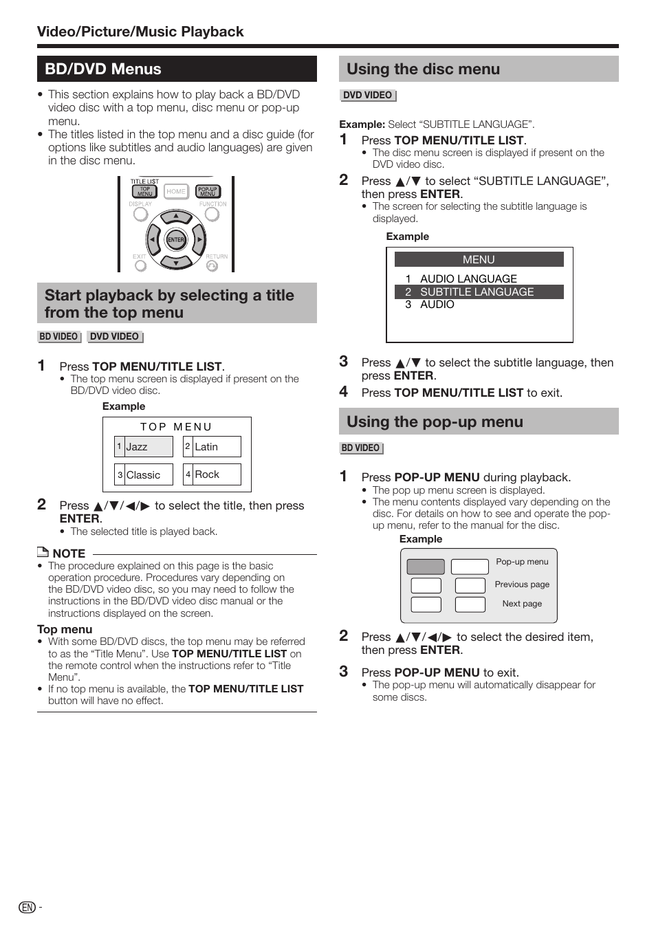 Bd/dvd menus, Using the disc menu, Using the pop-up menu | Video/picture/music playback | Sharp AQUOS BD-HP70U User Manual | Page 30 / 84