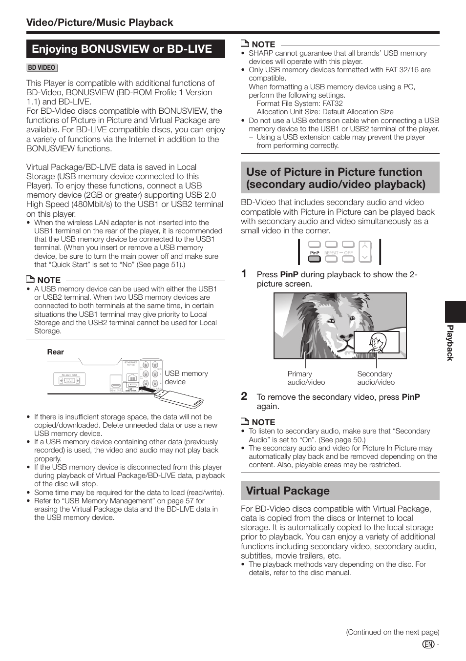 Enjoying bonusview or bd-live, Virtual package, Video/picture/music playback | Sharp AQUOS BD-HP70U User Manual | Page 31 / 84