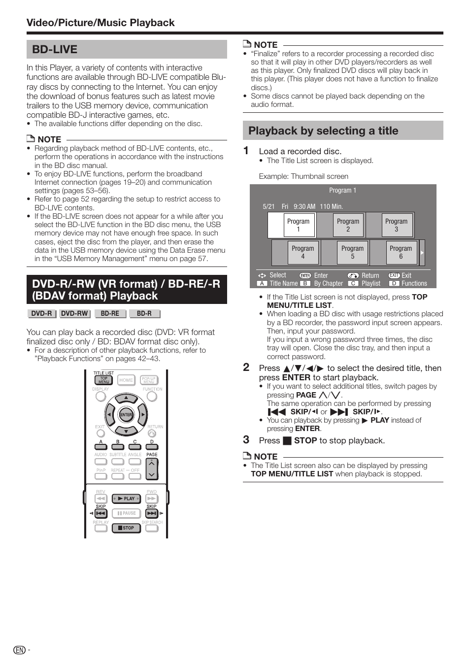 Bd-live, Playback by selecting a title, Video/picture/music playback | Sharp AQUOS BD-HP70U User Manual | Page 32 / 84