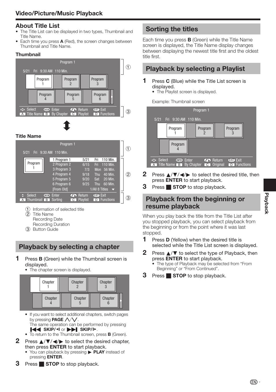 Playback by selecting a chapter, Sorting the titles, Playback by selecting a playlist | Playback from the beginning or resume playback, Video/picture/music playback, About title list | Sharp AQUOS BD-HP70U User Manual | Page 33 / 84