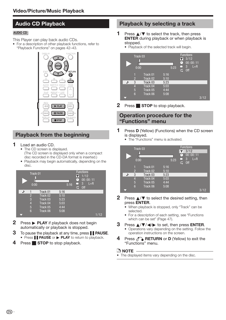 Audio cd playback, Playback from the beginning, 4playback by selecting a track | Operation procedure for the “functions” menu, Video/picture/music playback | Sharp AQUOS BD-HP70U User Manual | Page 34 / 84