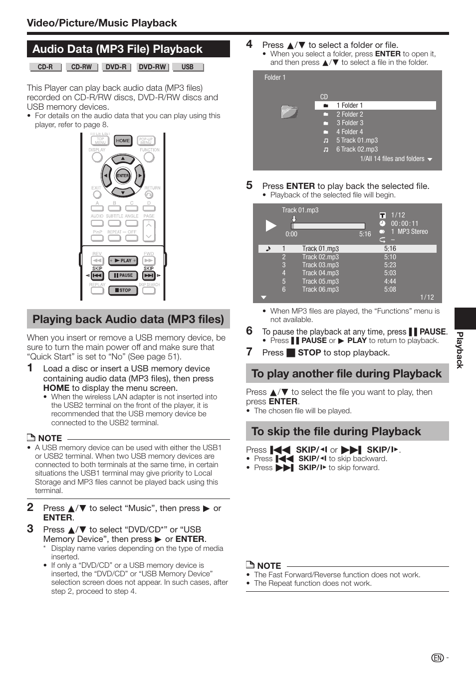 Audio data (mp3 file) playback, Playing back audio data (mp3 files), Video/picture/music playback | Sharp AQUOS BD-HP70U User Manual | Page 35 / 84