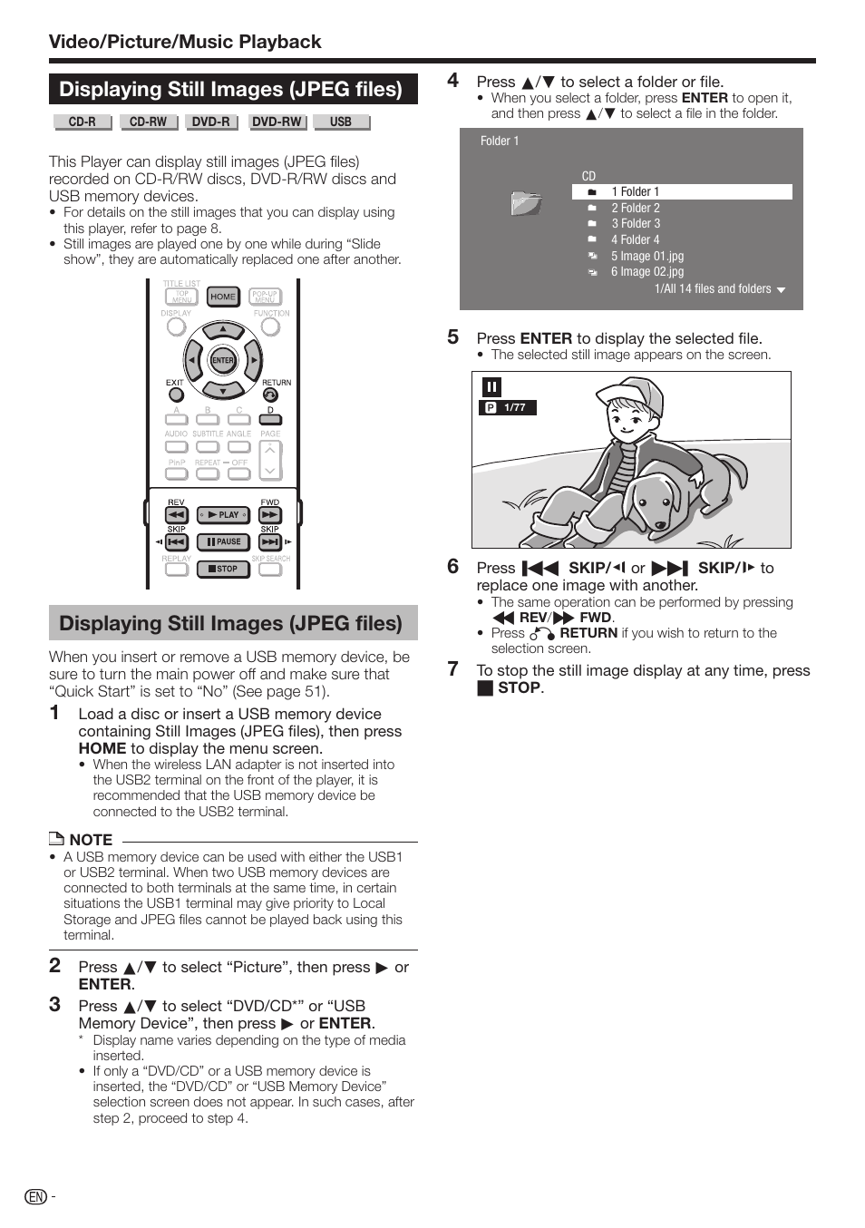 Displaying still images (jpeg files), Video/picture/music playback | Sharp AQUOS BD-HP70U User Manual | Page 36 / 84