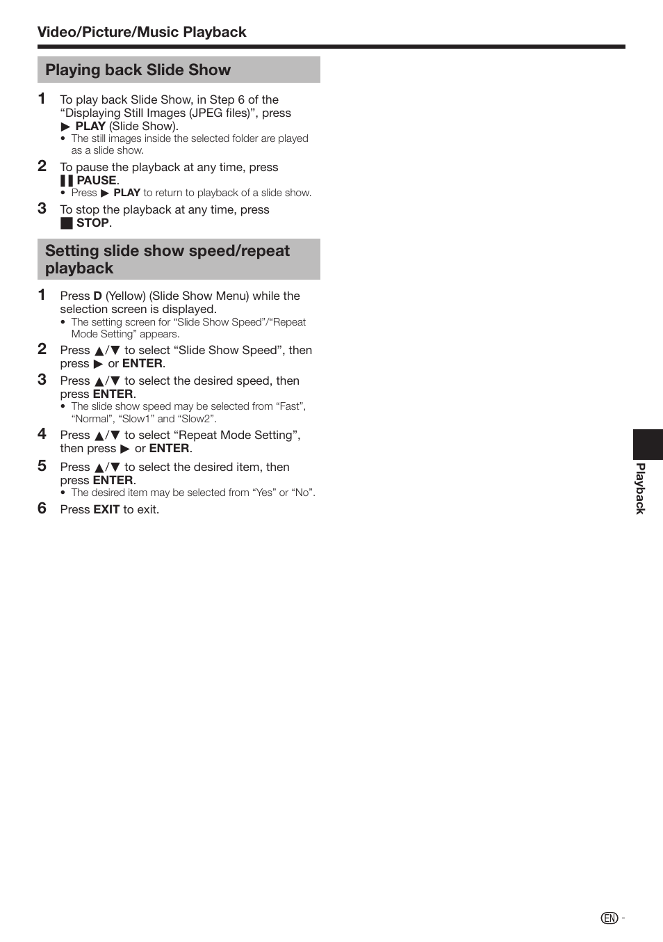 Playing back slide show, Setting slide show speed/repeat playback | Sharp AQUOS BD-HP70U User Manual | Page 37 / 84