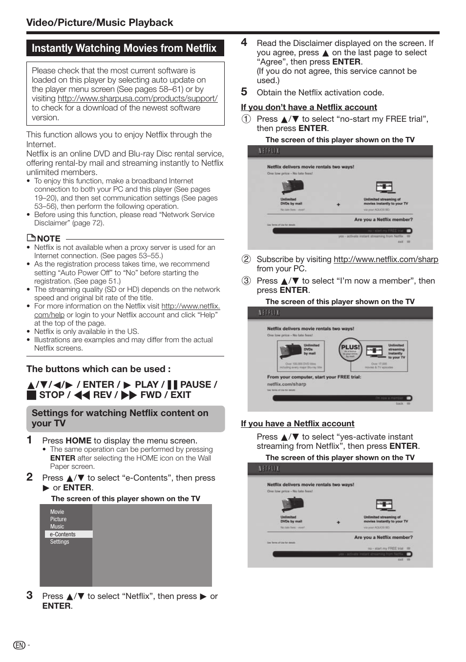 Instantly watching movies from netflix, Video/picture/music playback | Sharp AQUOS BD-HP70U User Manual | Page 38 / 84