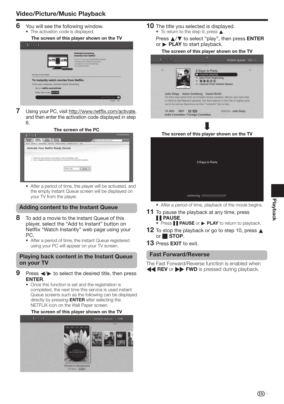 Video/picture/music playback | Sharp AQUOS BD-HP70U User Manual | Page 39 / 84