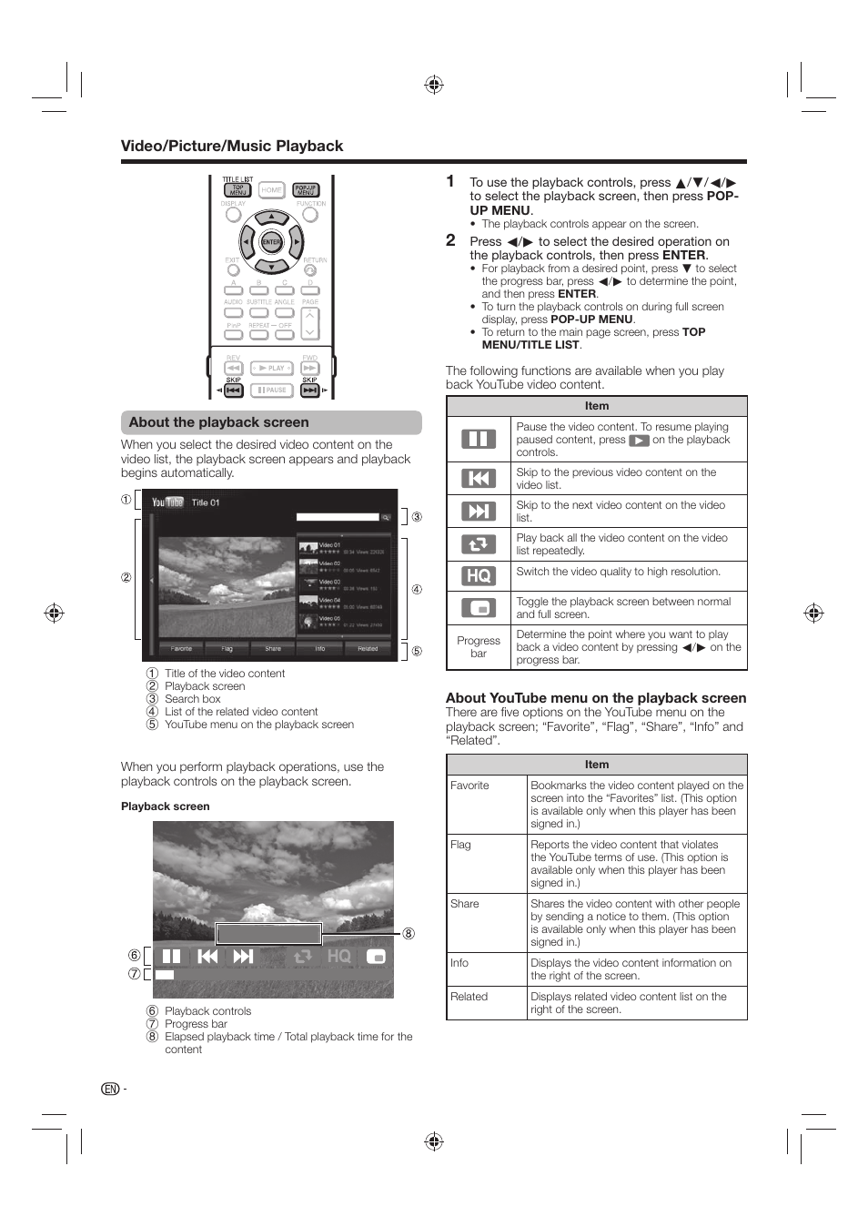 Video/picture/music playback | Sharp AQUOS BD-HP70U User Manual | Page 42 / 84