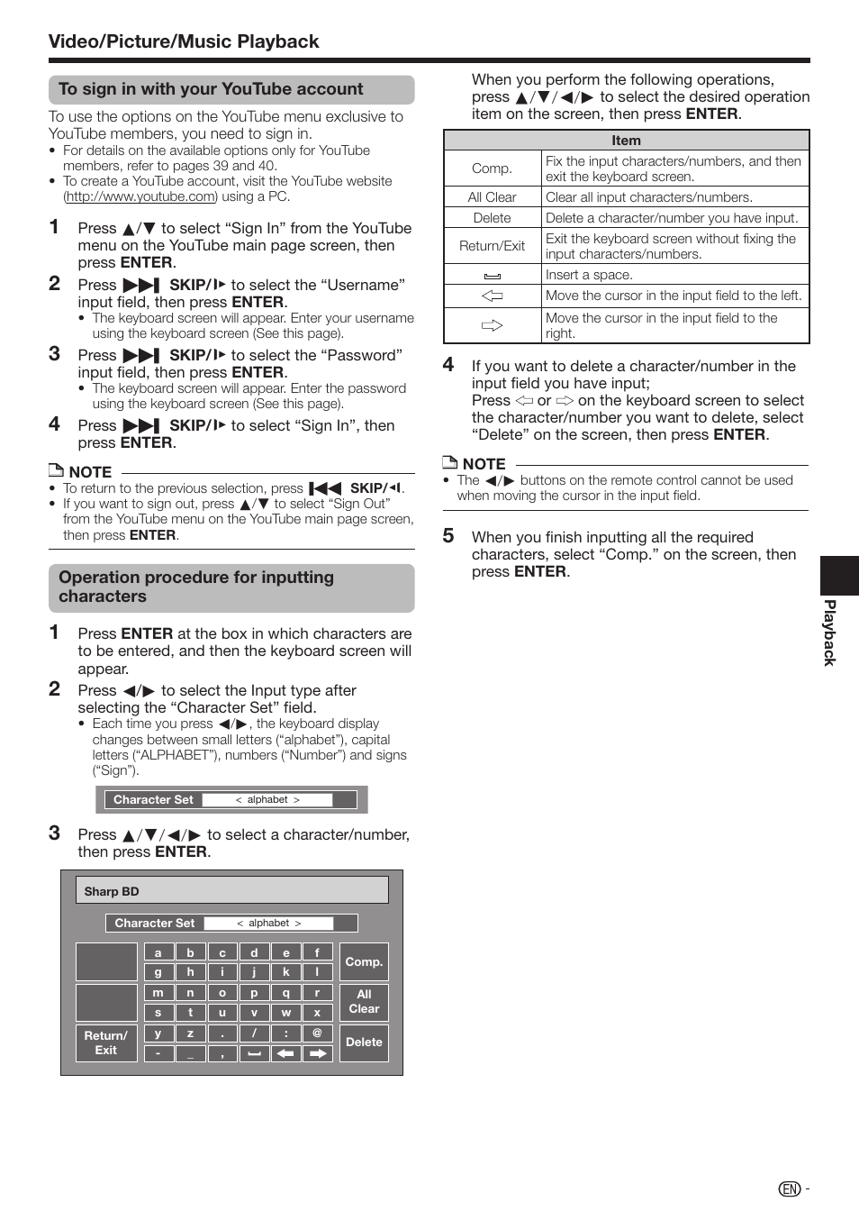 Video/picture/music playback, Operation procedure for inputting characters | Sharp AQUOS BD-HP70U User Manual | Page 43 / 84