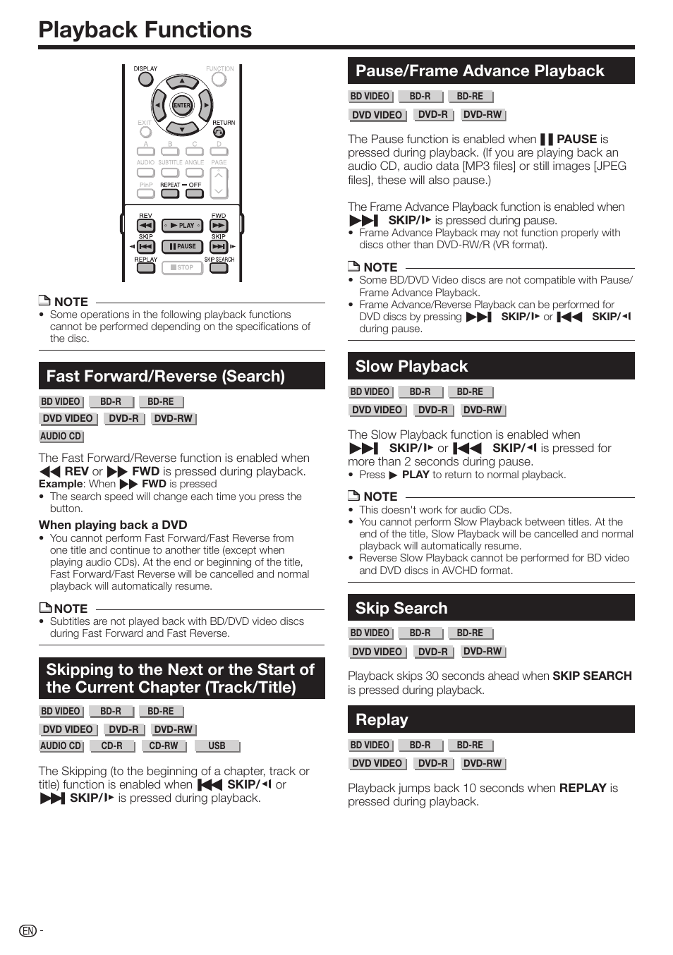 Playback functions, Fast forward/reverse (search), Pause/frame advance playback | Slow playback, Skip search, Replay | Sharp AQUOS BD-HP70U User Manual | Page 44 / 84