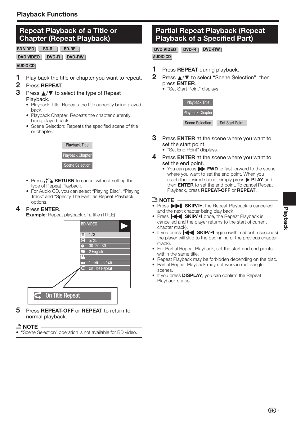 Playback functions, On title repeat | Sharp AQUOS BD-HP70U User Manual | Page 45 / 84