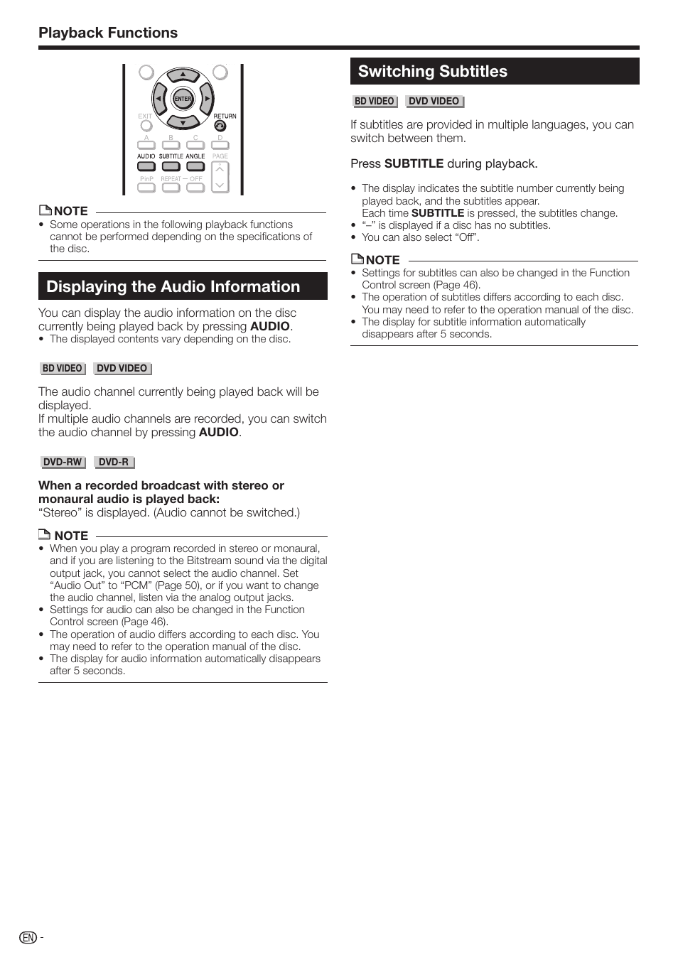 Displaying the audio information, Switching subtitles, Playback functions | Sharp AQUOS BD-HP70U User Manual | Page 46 / 84