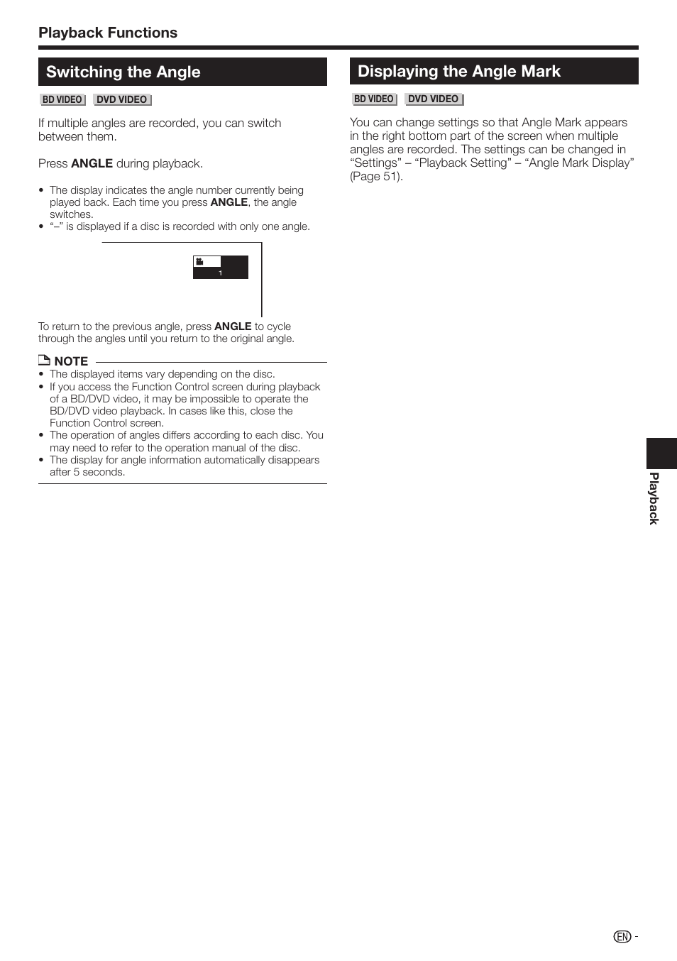 Switching the angle, Displaying the angle mark, Playback functions | Sharp AQUOS BD-HP70U User Manual | Page 47 / 84