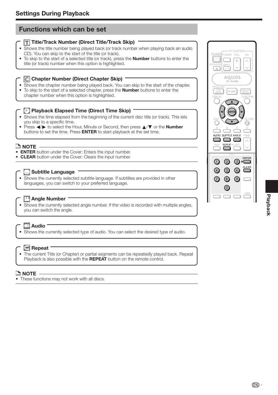 Functions which can be set, Settings during playback | Sharp AQUOS BD-HP70U User Manual | Page 49 / 84