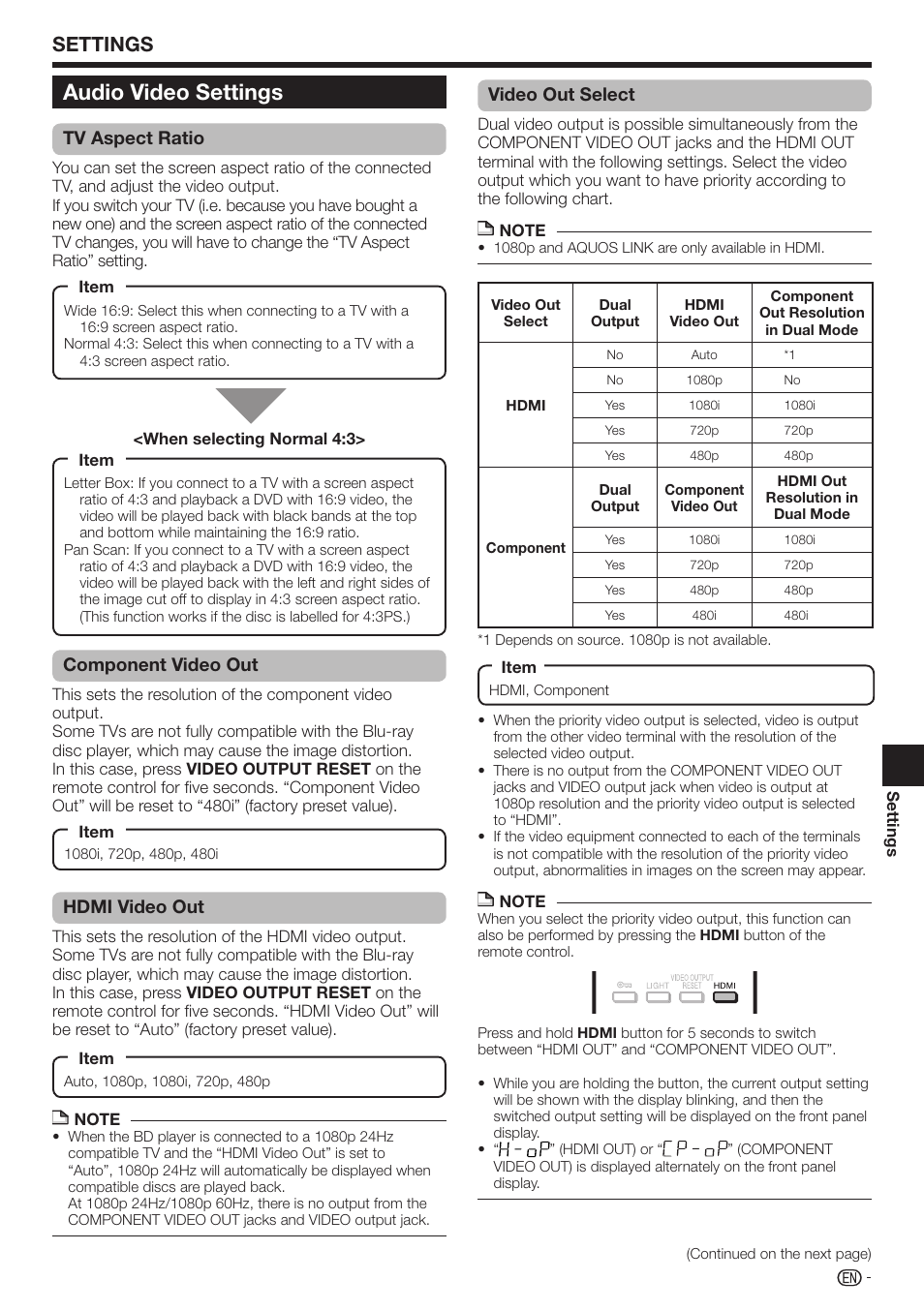 Audio video settings, Settings, Tv aspect ratio | Component video out, Hdmi video out, Video out select | Sharp AQUOS BD-HP70U User Manual | Page 51 / 84