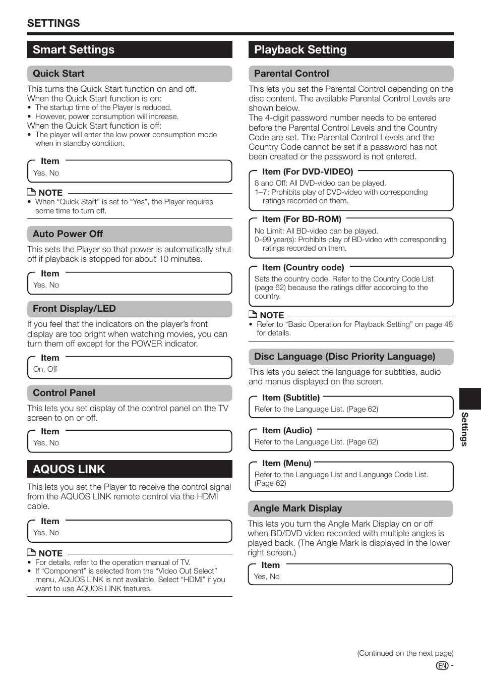 Aquos link, Playback setting, Smart settings | Settings | Sharp AQUOS BD-HP70U User Manual | Page 53 / 84