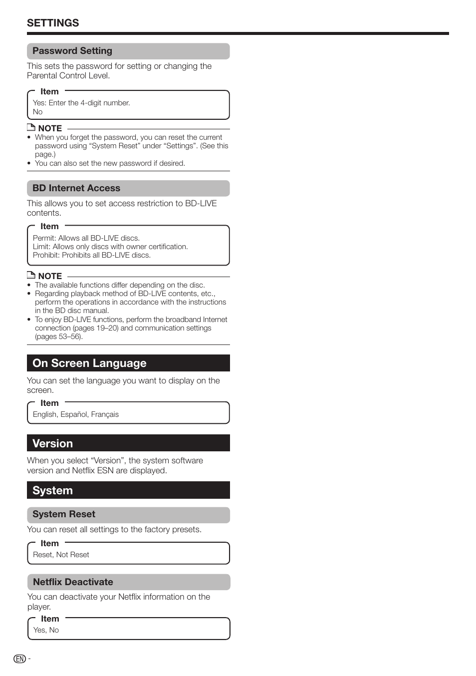 Version, System, On screen language | Settings | Sharp AQUOS BD-HP70U User Manual | Page 54 / 84