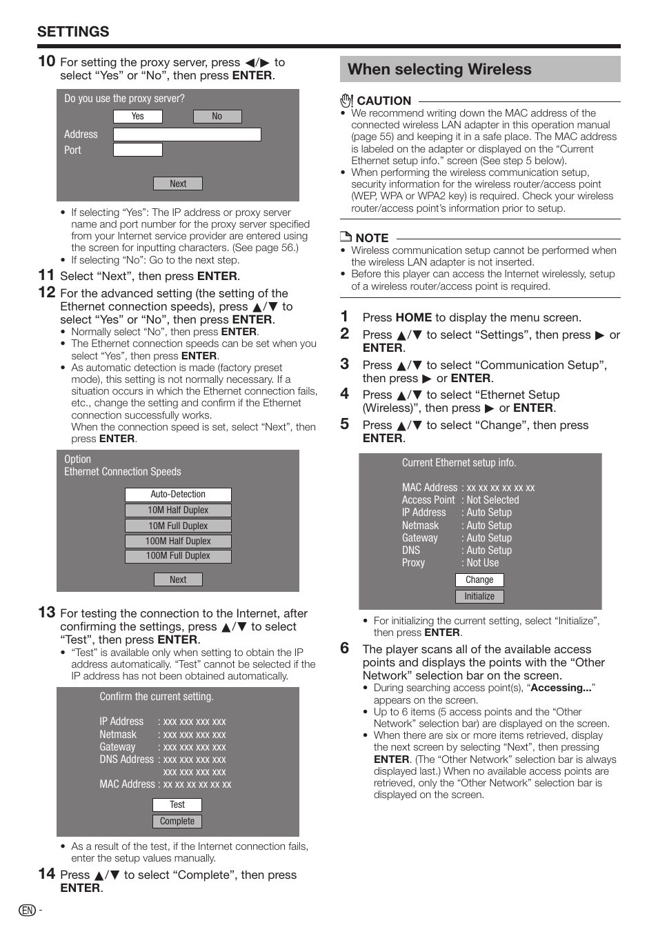 14 when selecting wireless, Settings | Sharp AQUOS BD-HP70U User Manual | Page 56 / 84