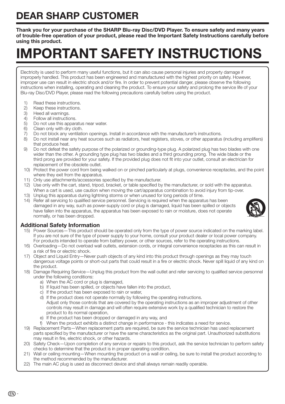 Important safety instructions, Dear sharp customer | Sharp AQUOS BD-HP70U User Manual | Page 6 / 84