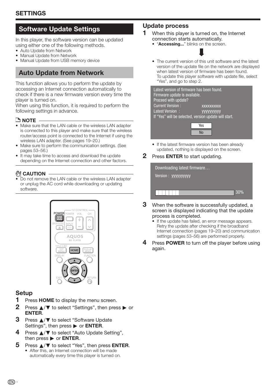 Software update settings, Auto update from network, Settings | Setup, Update process | Sharp AQUOS BD-HP70U User Manual | Page 60 / 84