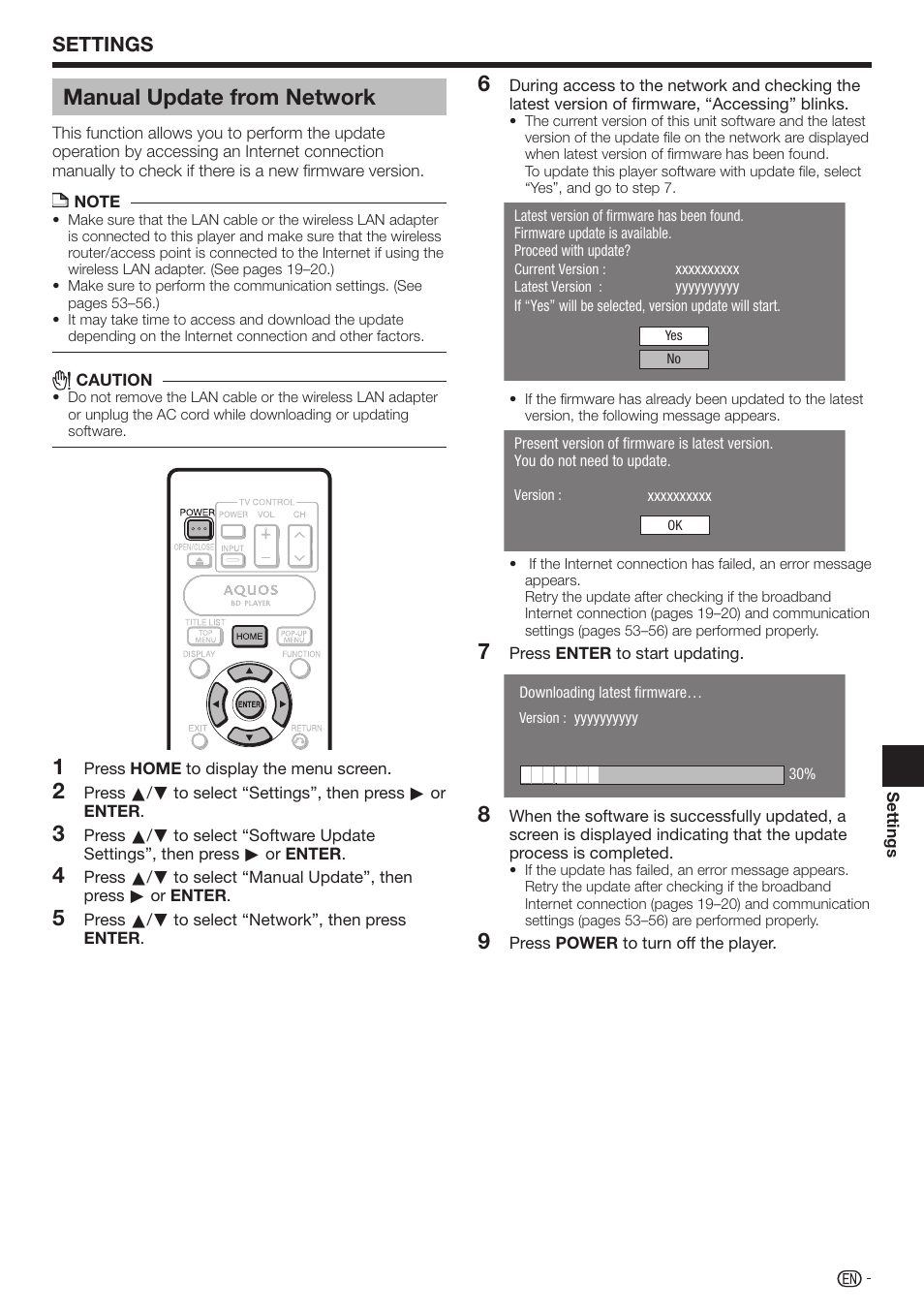 Manual update from network, Settings | Sharp AQUOS BD-HP70U User Manual | Page 61 / 84