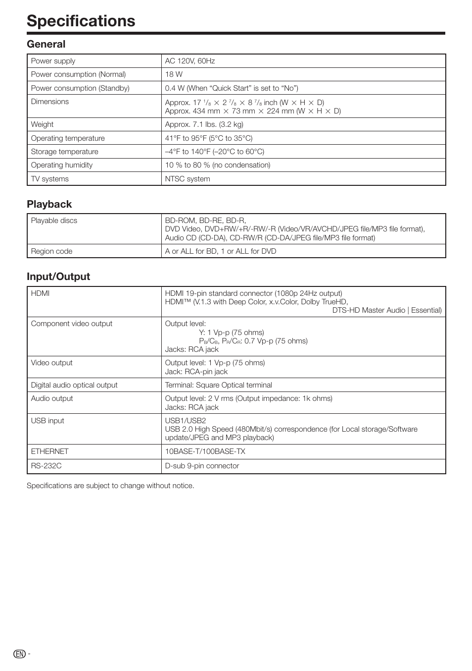 Specifications, General, Playback | Input/output | Sharp AQUOS BD-HP70U User Manual | Page 70 / 84