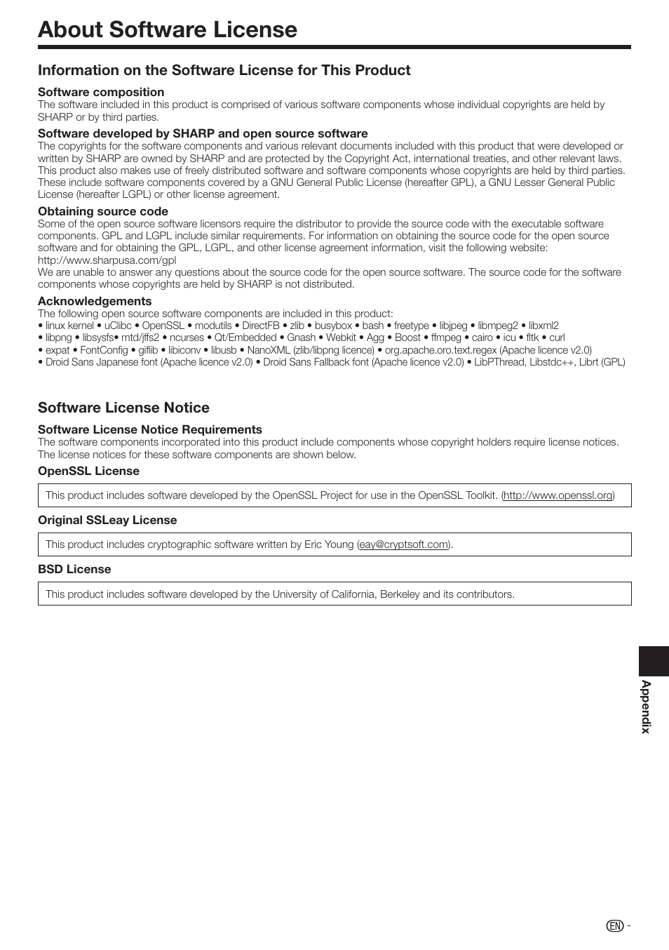 About software license, Software license notice | Sharp AQUOS BD-HP70U User Manual | Page 75 / 84