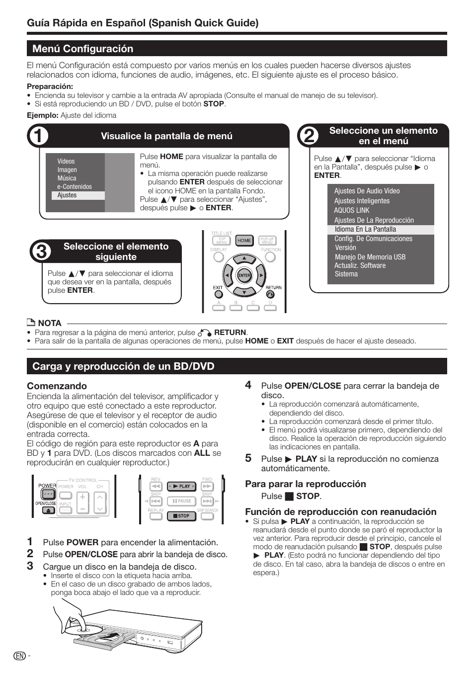 Carga y reproducción de un bd/dvd | Sharp AQUOS BD-HP70U User Manual | Page 80 / 84