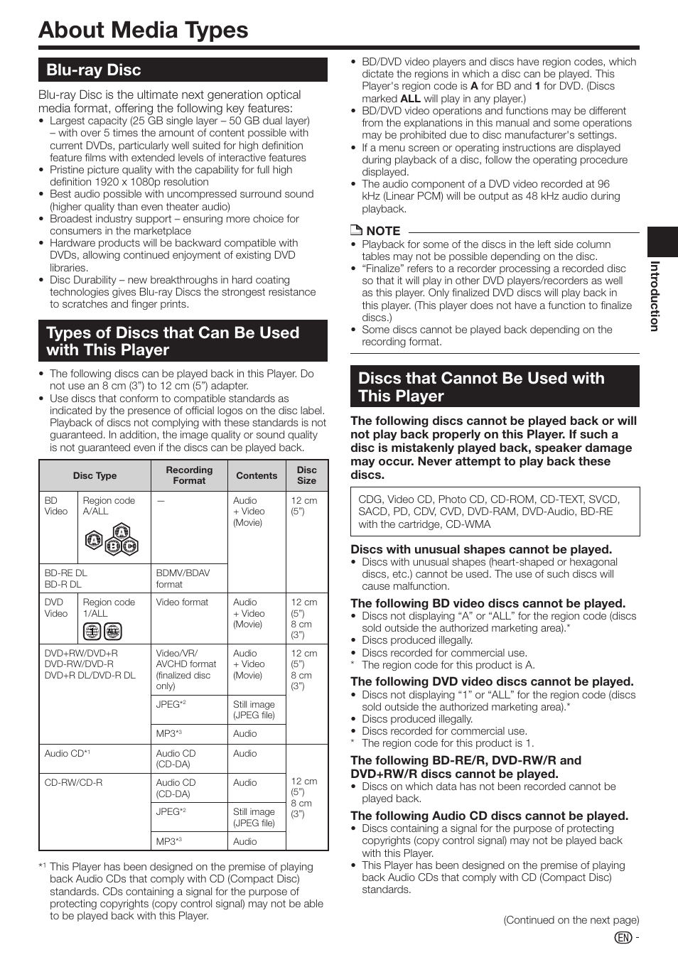 About media types, Blu-ray disc, Types of discs that can be used with this player | Discs that cannot be used with this player | Sharp AQUOS BD-HP70U User Manual | Page 9 / 84