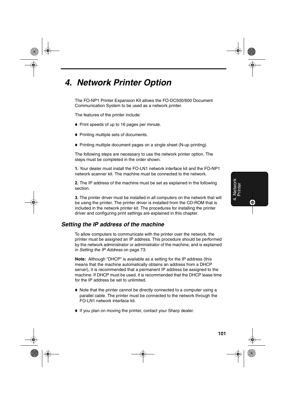 Network printer option, Setting the ip address of the machine | Sharp FODC600 User Manual | Page 103 / 220
