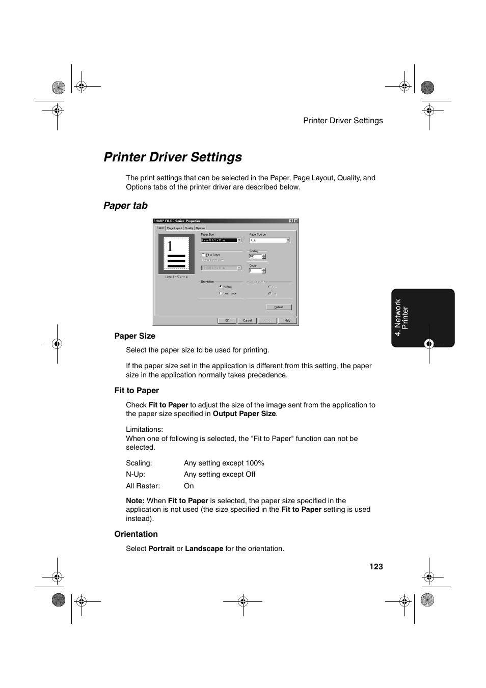 Printer driver settings, Paper tab | Sharp FODC600 User Manual | Page 125 / 220