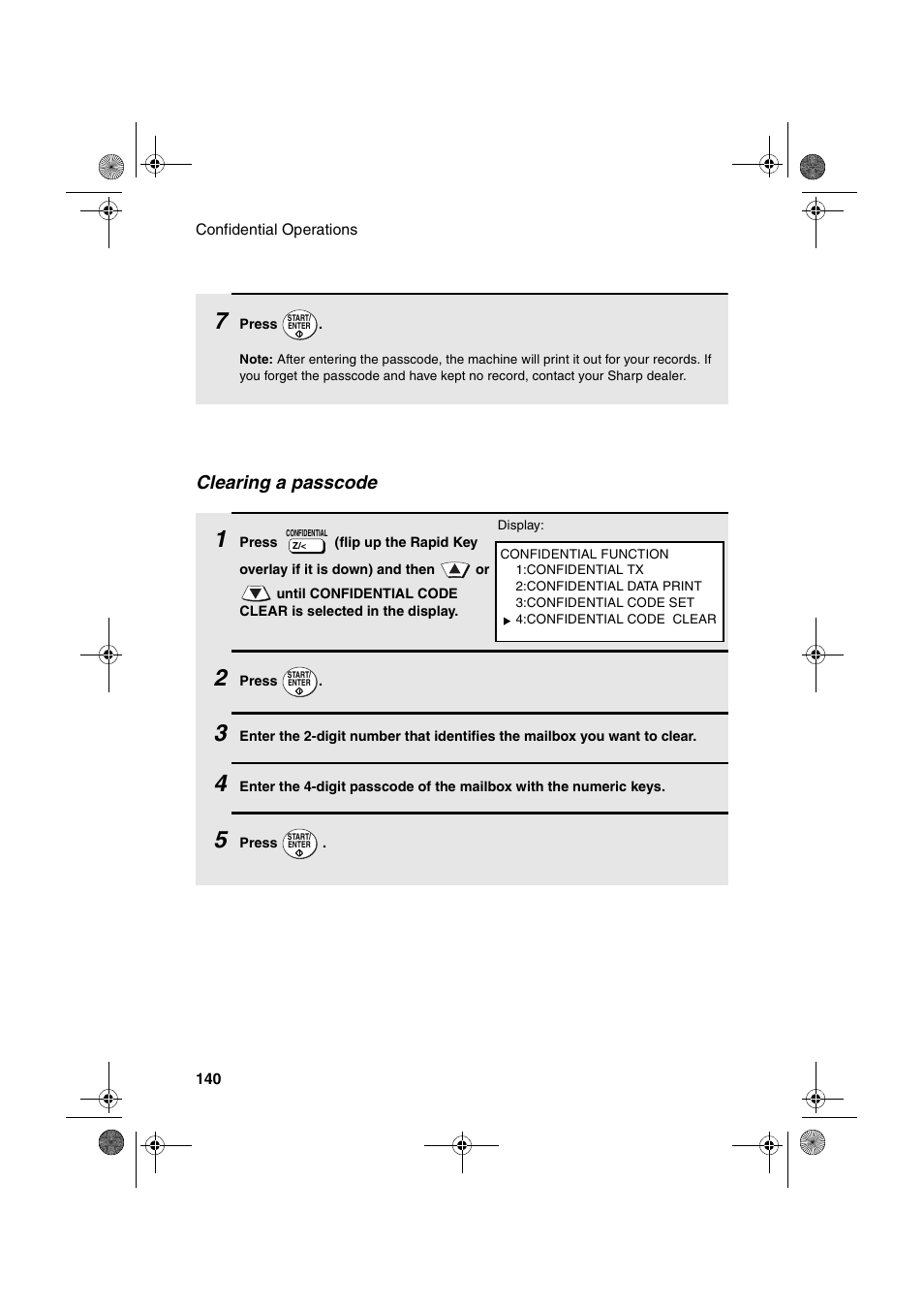 Clearing a passcode | Sharp FODC600 User Manual | Page 142 / 220