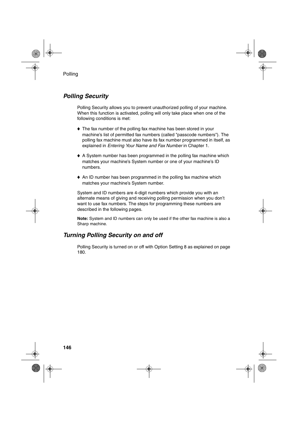 Polling security, Turning polling security on and off | Sharp FODC600 User Manual | Page 148 / 220