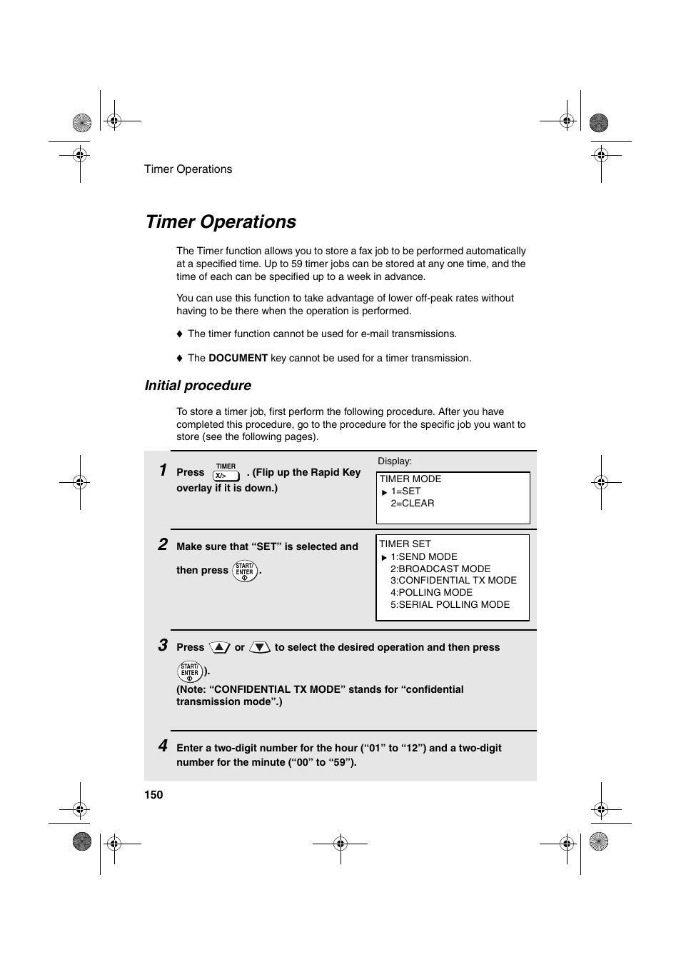 Timer operations, Initial procedure | Sharp FODC600 User Manual | Page 152 / 220