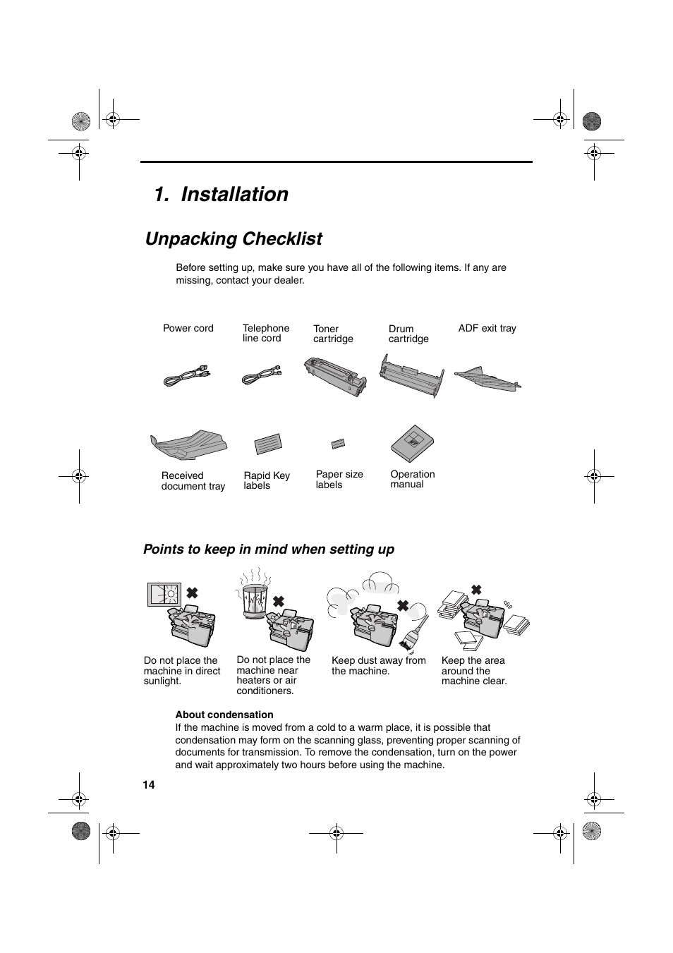 Installation, Unpacking checklist | Sharp FODC600 User Manual | Page 16 / 220