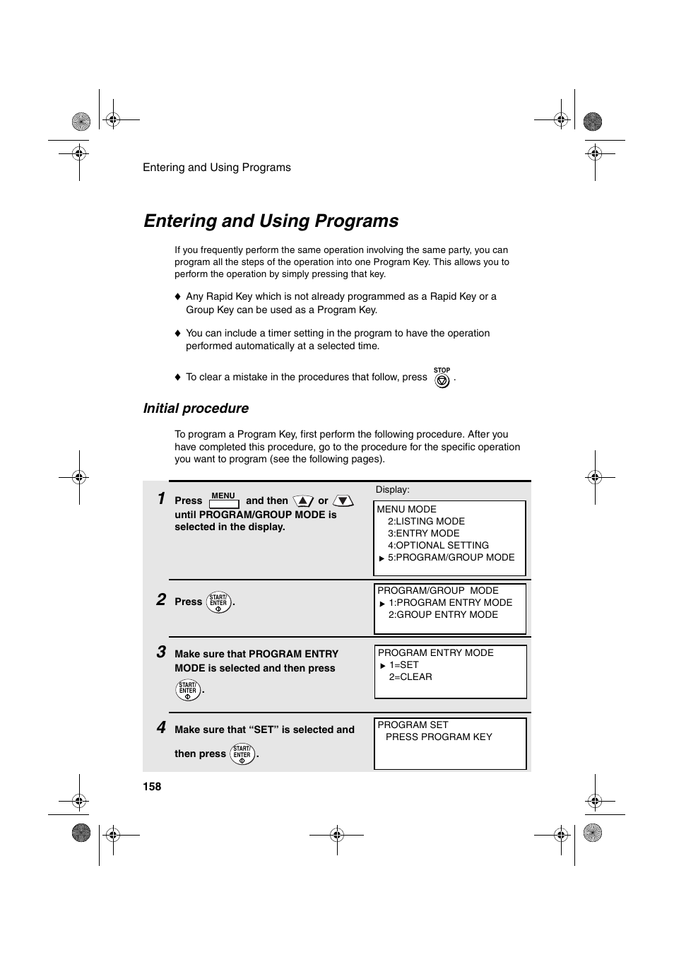 Entering and using programs, Initial procedure | Sharp FODC600 User Manual | Page 160 / 220
